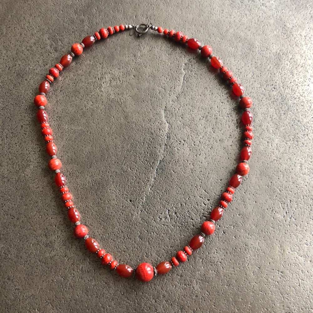 Vintage Chinese coral and glass bead silver necklace